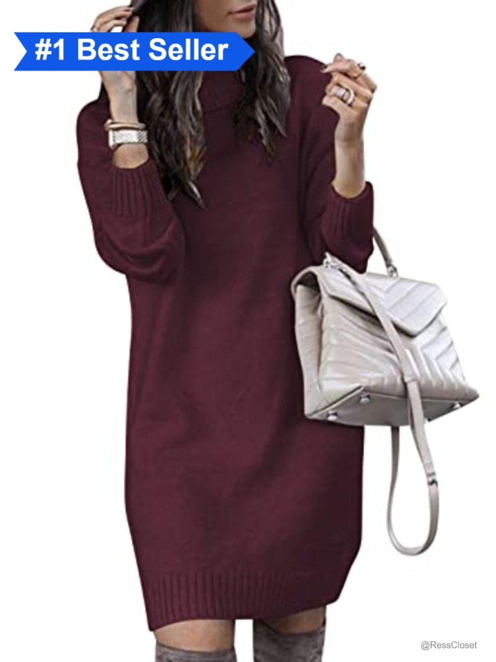 Turtleneck Knit Sweater Dress Oversized Long Sleeve Pullover Mini